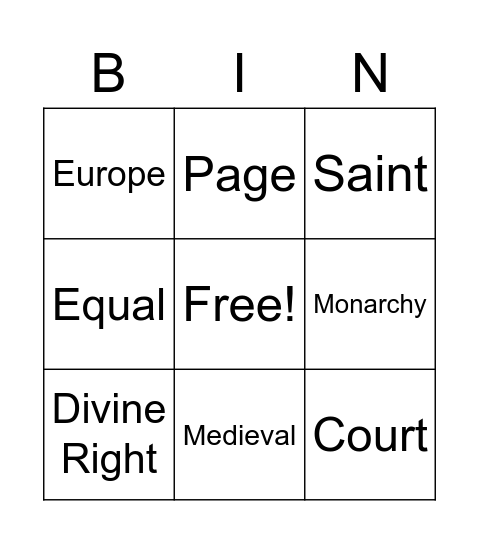 Medieval Bingo Card