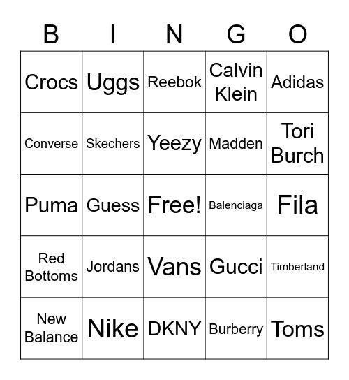 Shoes Bingo Card