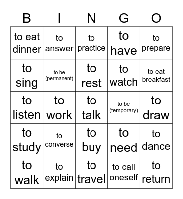 AR Verbs in English Bingo Card