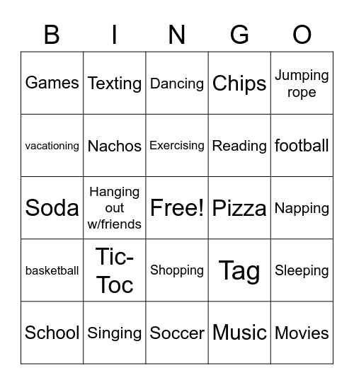 My favorite things Bingo Card