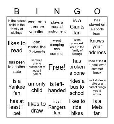 Welcome Back to School! Bingo Card