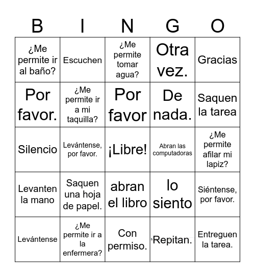 Frases Necesarias para la clase de español Bingo Card