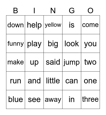 Dolch Pre-Primer Bingo Card