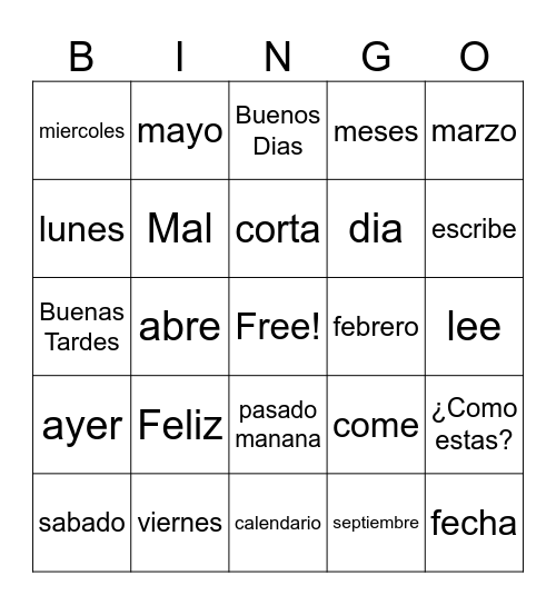 Months and Year- Spanish Bingo Card