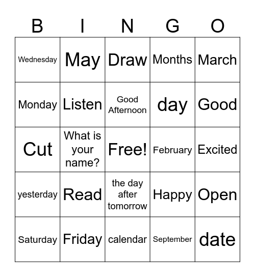 Months and days English Bingo Card