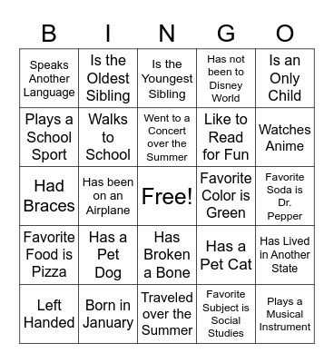 Classmate Bingo Card