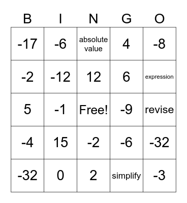 Algebra 9-9-22 Bingo Card