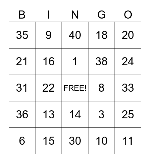 Numbers 1-40 Bingo Card