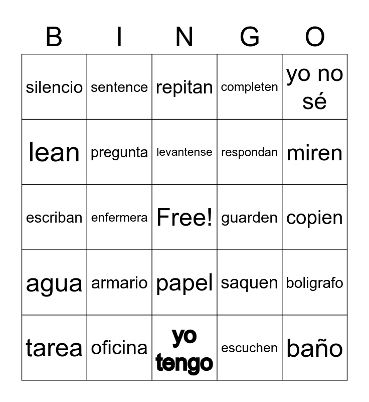 Expresiones Útiles en la clase de español Bingo Card