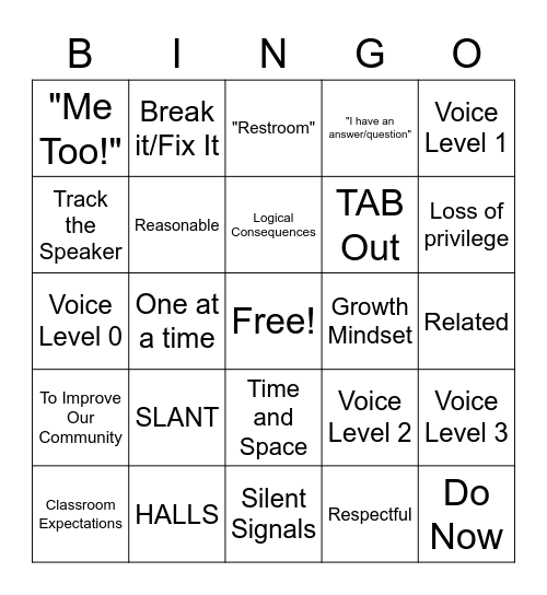 Expectations and Consequences Bingo Card