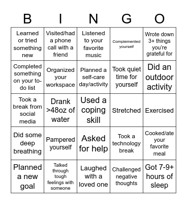 Self Care BINGO Card