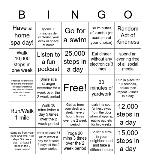 Healthy You Challenge           Week 1&2 Bingo Card