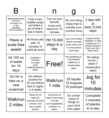 Healthy You Challenge Weeks 3&4 Bingo Card