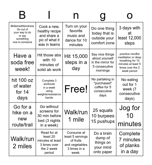 Healthy You Challenge Weeks 3&4 Bingo Card