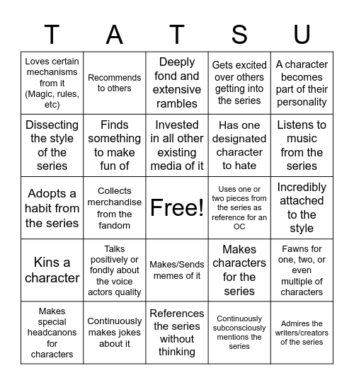 Tatsu Gets into Another Fandom Bingo Card