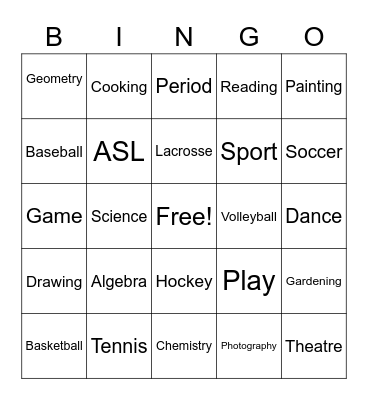 Sports/School Subjects Bingo Card