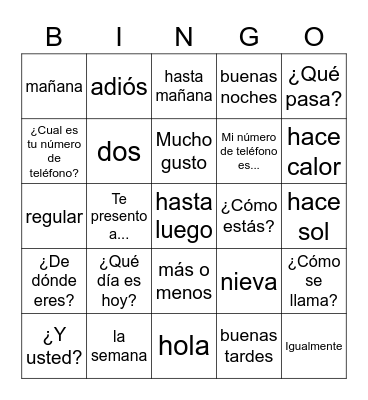 Spanish Greetings Bingo Card