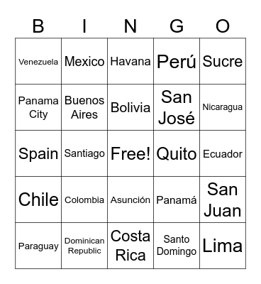 Spanish Speaking Countries and Capitals Bingo Card