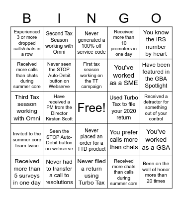 Turbo Tax Bingo Card