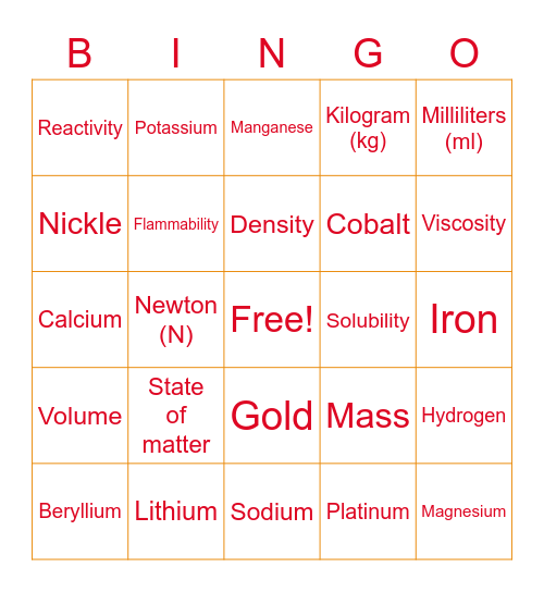 Element and Vocab Bingo Card