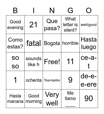 5thAlfabeto/paises/saludos/numeros Bingo Card