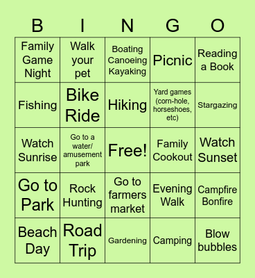 Summer Activities Bingo Card