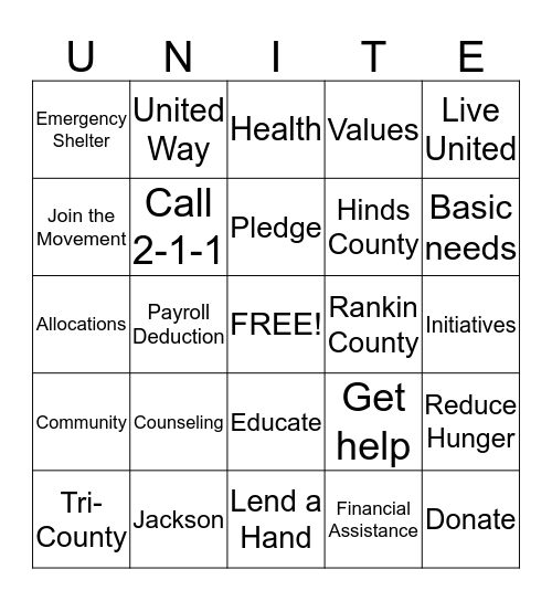 United Way Bingo 2016 Bingo Card