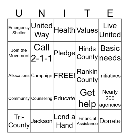 United Way Bingo 2016 Bingo Card