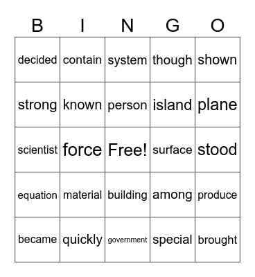 Fry Words 5th Grade Bingo Card