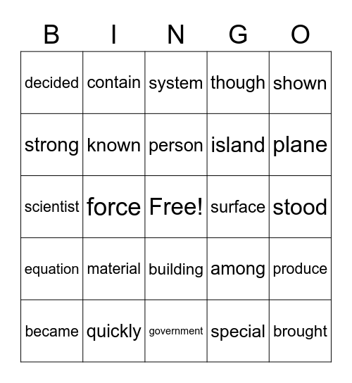 Fry Words 5th Grade Bingo Card