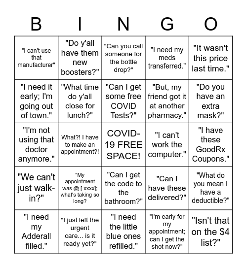 Retail Pharmacy Bingo Card