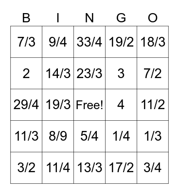 Fraction Bingo Card