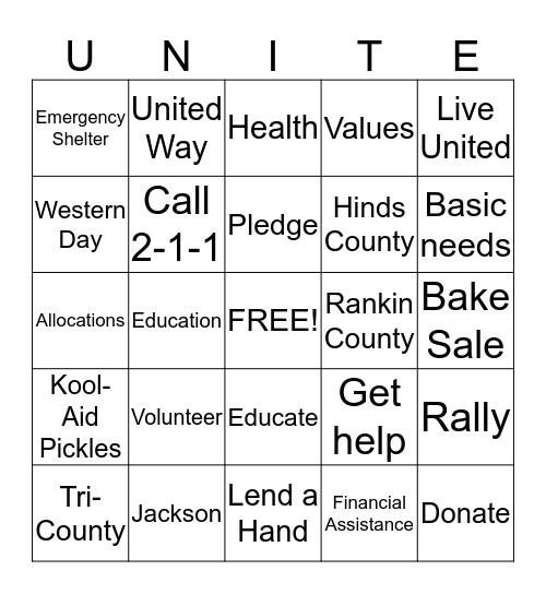 United Way Bingo 2016 Bingo Card