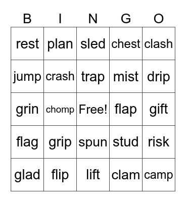 Consonant Blends Bingo Card