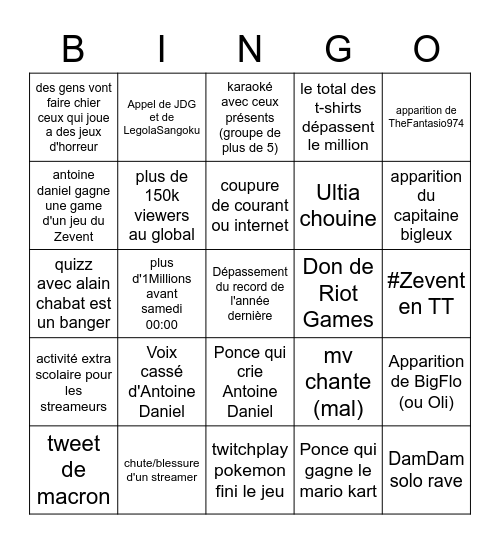 Zevent Bingo Card