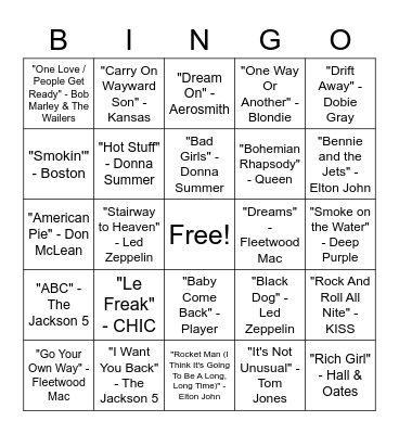 70s Hits Bingo Card