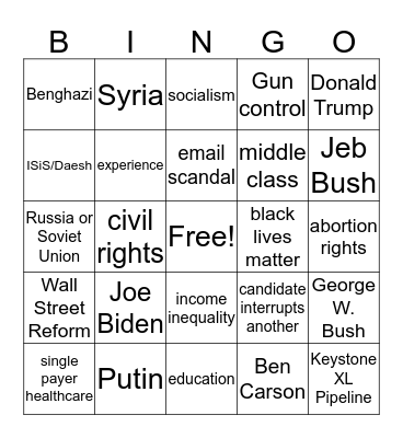 Democratic Debate Bingo Card