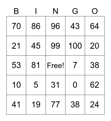 Number Bingo Card