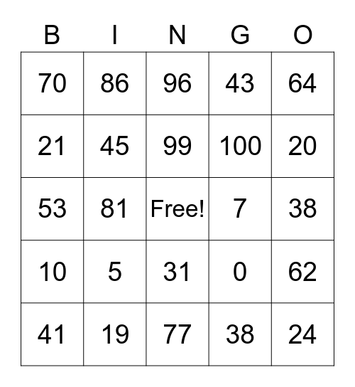 Number Bingo Card