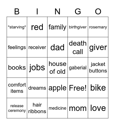 The Giver Bingo Card