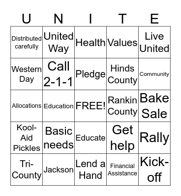 United Way Bingo 2016 Bingo Card