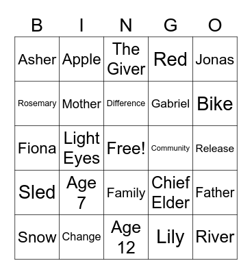 The Giver Bingo Card