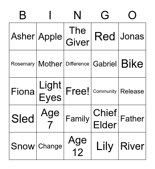 The Giver Bingo Card