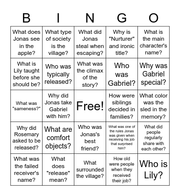 The Giver Bingo Card