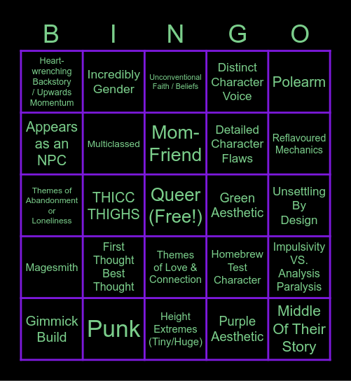 Jade Character Bingo Card