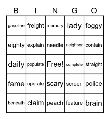 Spelling Unit 1 Bingo Card