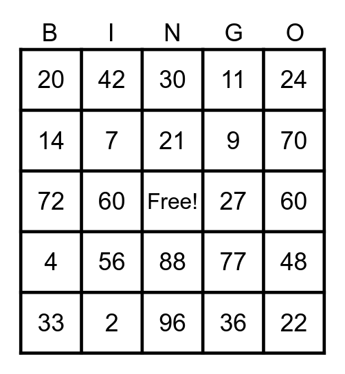 Times Table Bingo Card