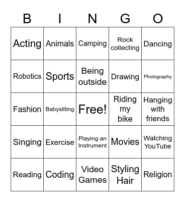 Interests Bingo Card