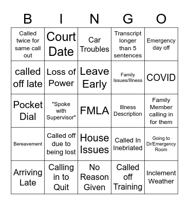 Staff Call Outs Bingo Card