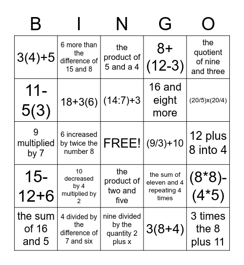 Numerical Expressions Bingo Card
